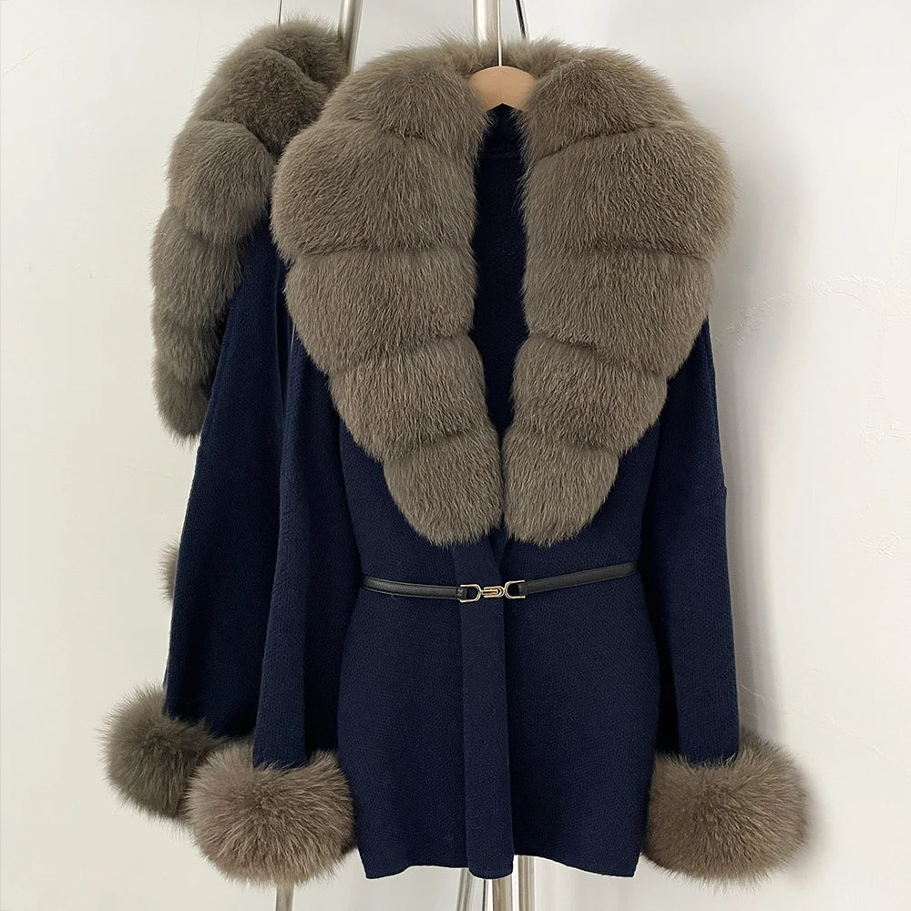 OFTBUY Belt Knit Warm Winter Luxury Casual Fashion Outerwear Sweater Female New Women's Knit Coat with Large Real Fox Fur Collar