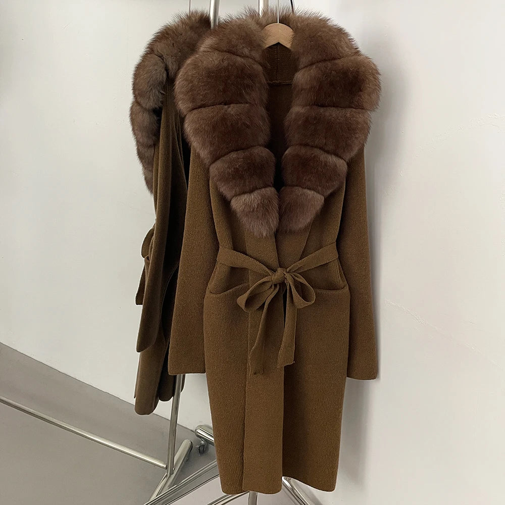 OFTBUY Women's Luxury Brown Knit Cardigan with Real Fox Fur Collar Belted Sweater Coat Female New Fashion Warm Winter Outerwear