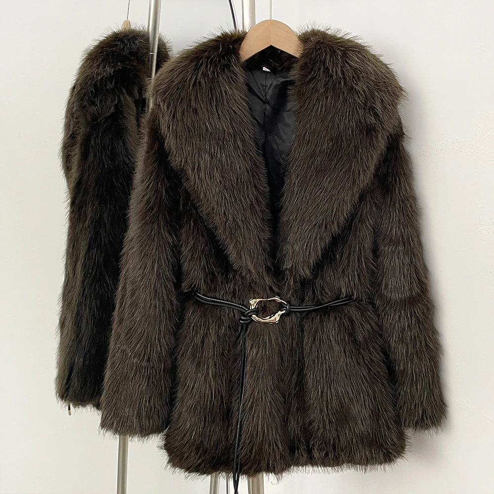 OFTBUY New Autumn Winter Top Thickened Warm Clothing Women Fashion Faux Fur Coat Female Belt Black Fluffy Fake Fur Jacket Outerwear