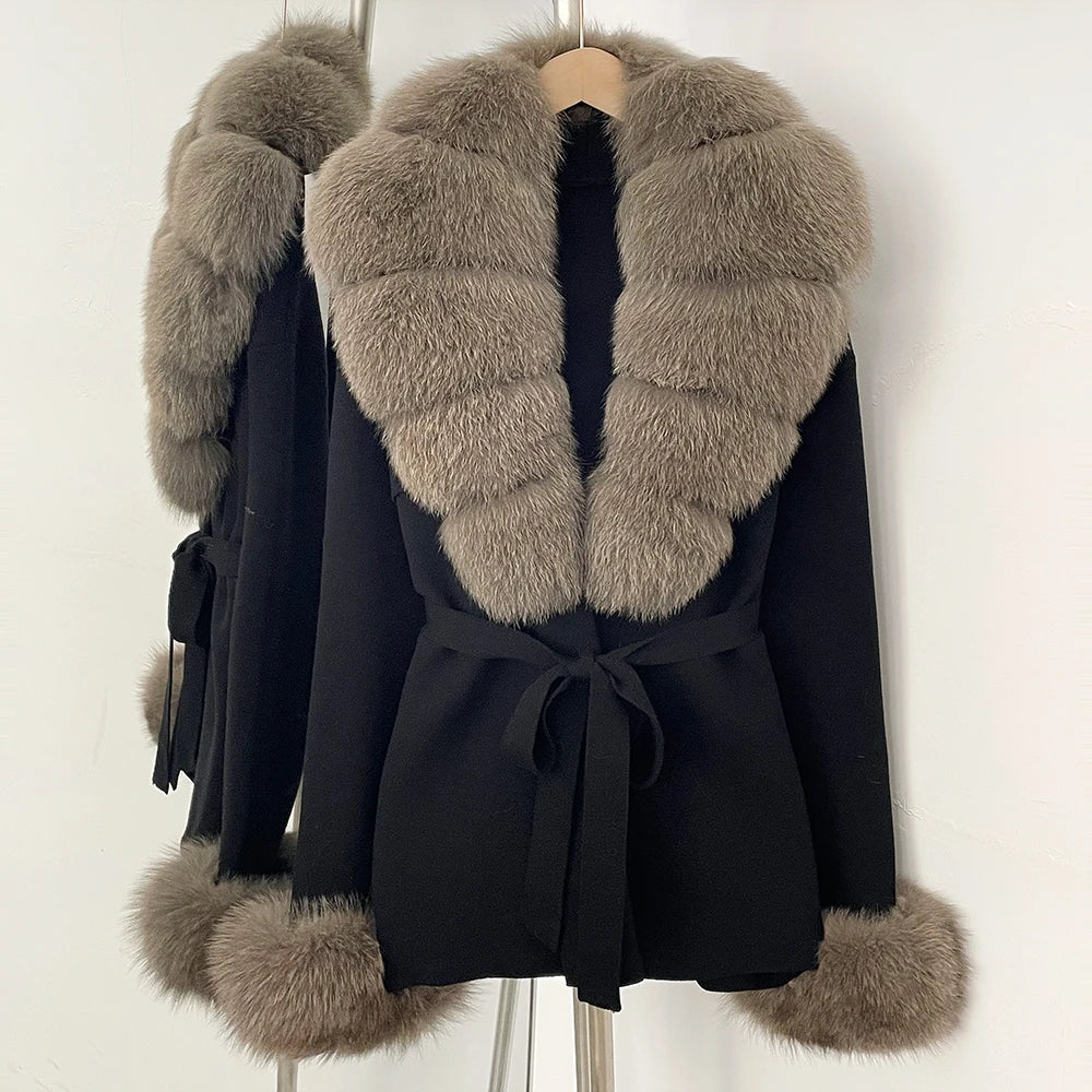 OFTBUY New Women's Knit Cardigan with Real Fox Fur Collar and Cuff Belt Luxury Coat Warm Autumn Fashion Outerwear Sweater Female