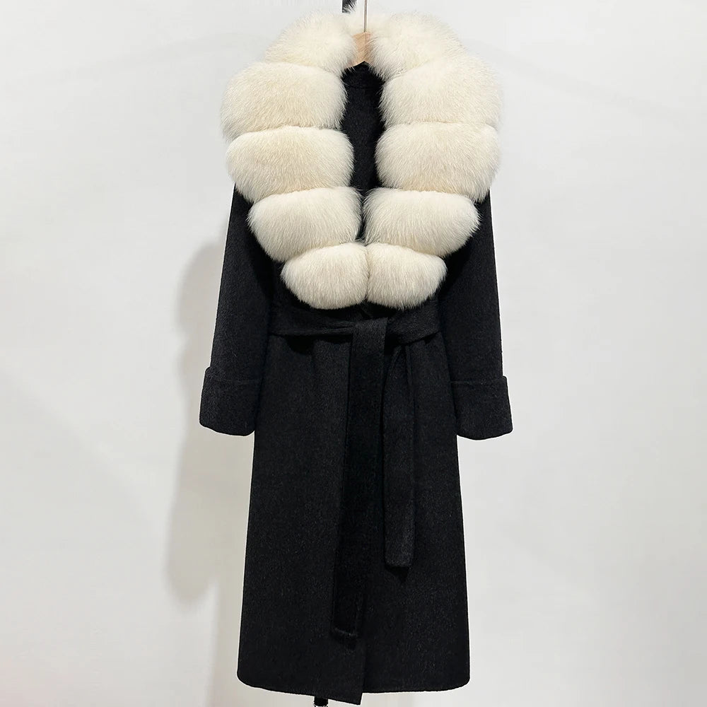 OFTBUY Long Belt 100% Wool Coat with Real Fox Fur Collar Warm Natural Fur Woolen Jacket Female New Autumn Winter Clothing Women