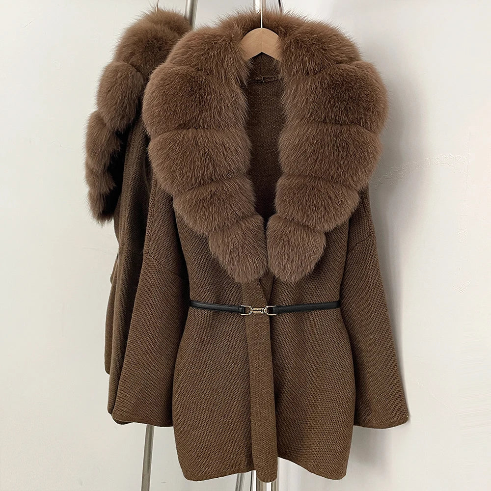 OFTBUY New Autumn Winter Luxury Fashion Outerwear Lady Women's Knit Coat with Large Real Fox Fur Collar Belt Textured Knit Warm