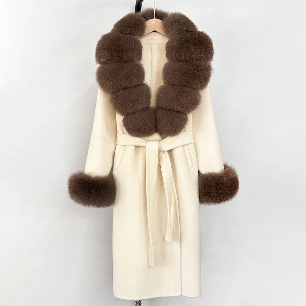 OFTBUY New Women's Double-Faced Wool Coat with Large Real Fox Fur Belted Warm Winter Luxury Fashion Outerwear Woolen Jacket Lady