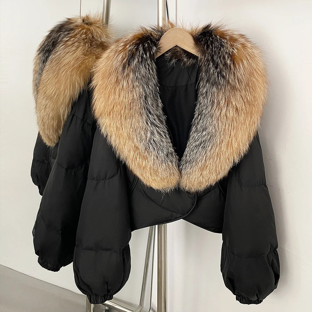 OFTBUY New Winter Real Fox Fur Short Puffer Jackets Women Natural Thick Warm 90% White Duck Down Cropped Loose Waterproof Coat