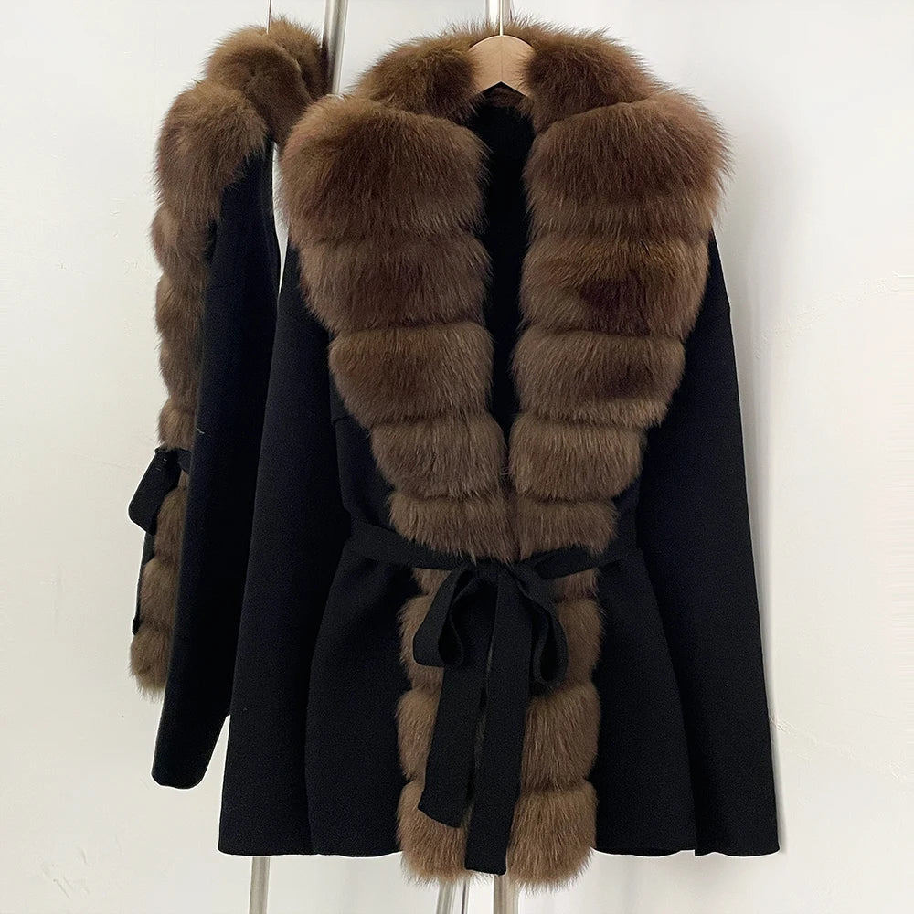 OFTBUY New Women's Knit Cardigan with Oversized Real Fox Fur Trim Self-Tie Belt Sweater Luxury Warm Winter Fashion Outerwear