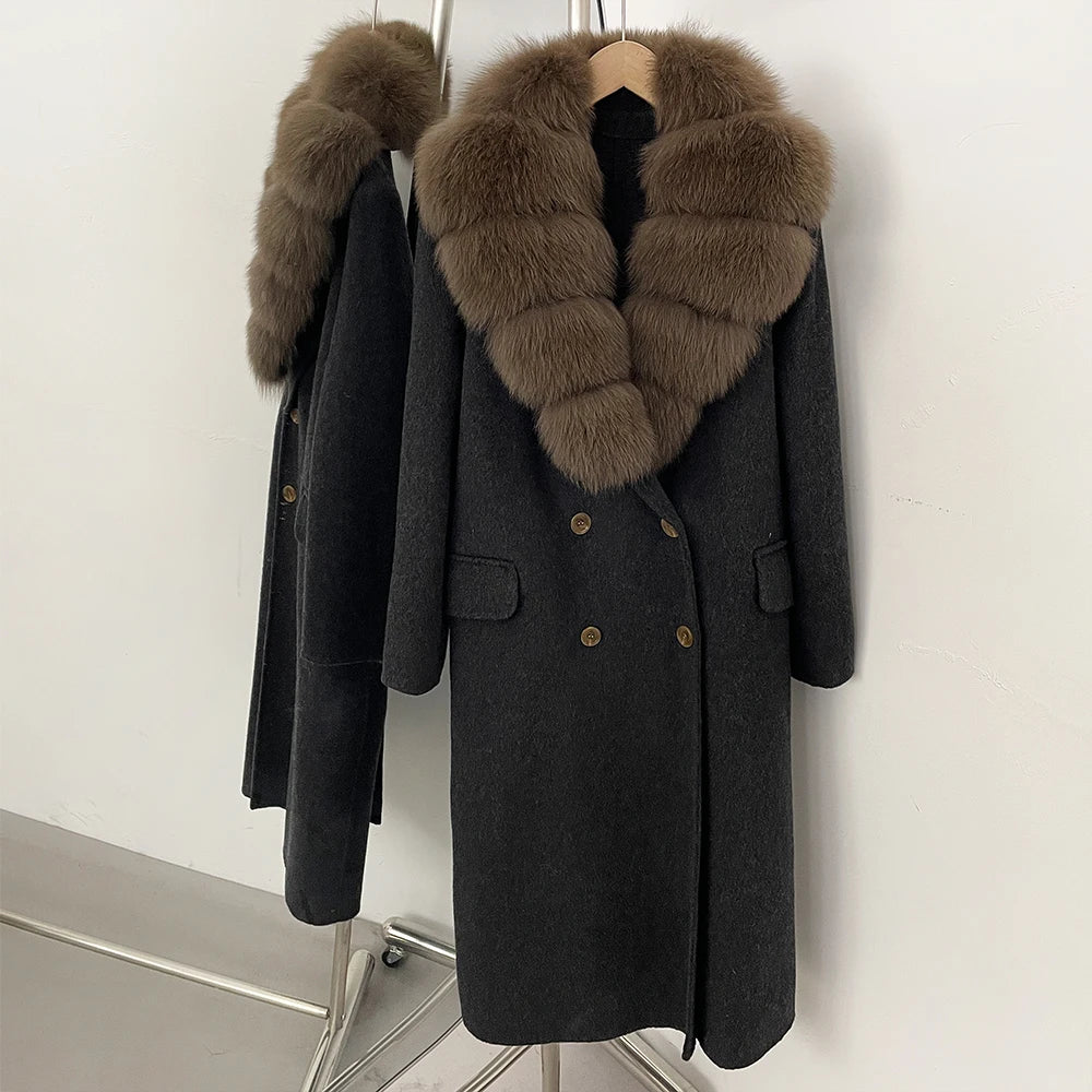 OFTBUY Woolen Coat Female Women's Luxury Double-Faced Wool Jacket Winter Oversize Real Fox Fur Double Breasted Elegant Outerwear