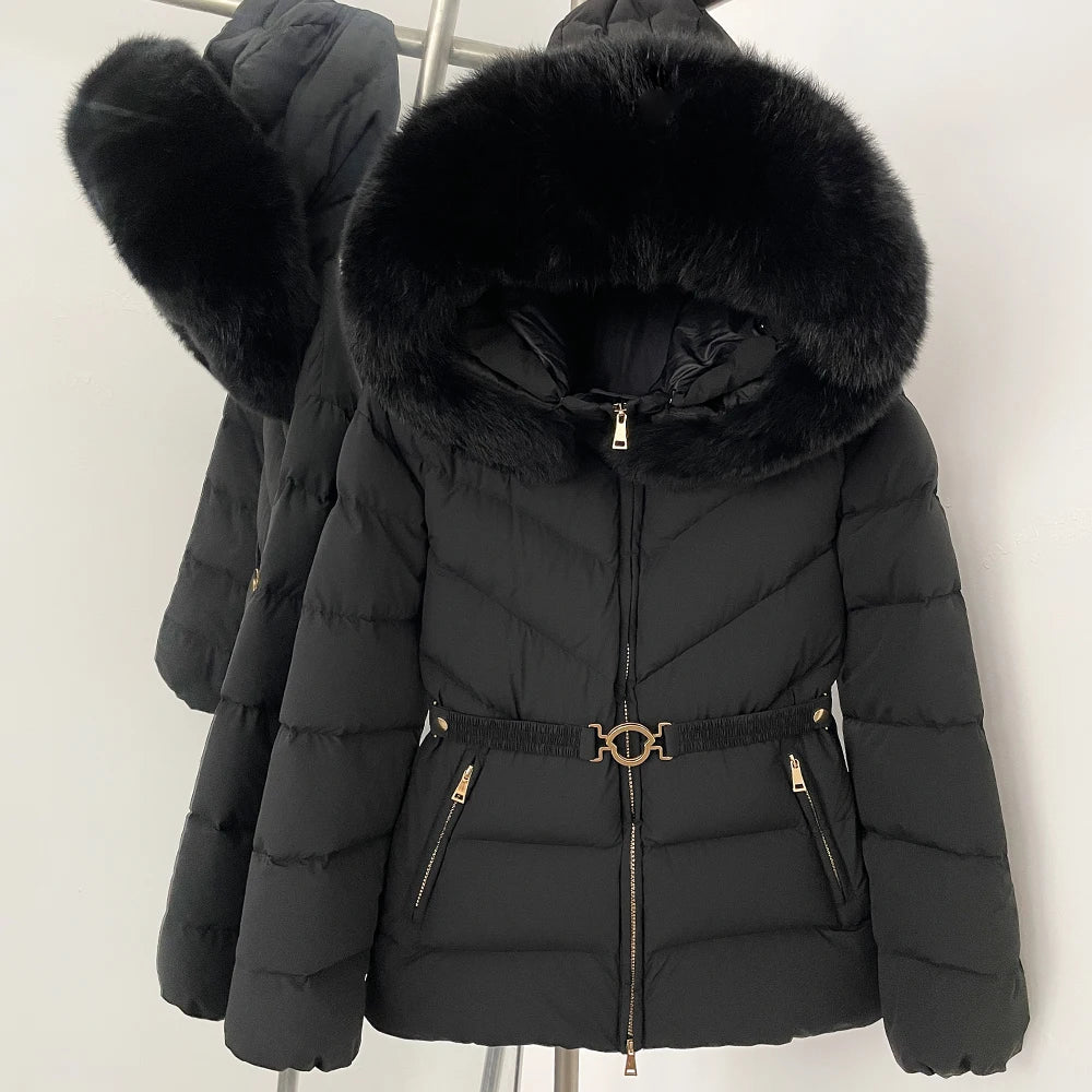 OFTBUY Belt Slim Hooded Real Fox Fur Collar Jacket Female New Winter Top Clothing Women Thickened Warm Raccoon Fur Fluffy Coat