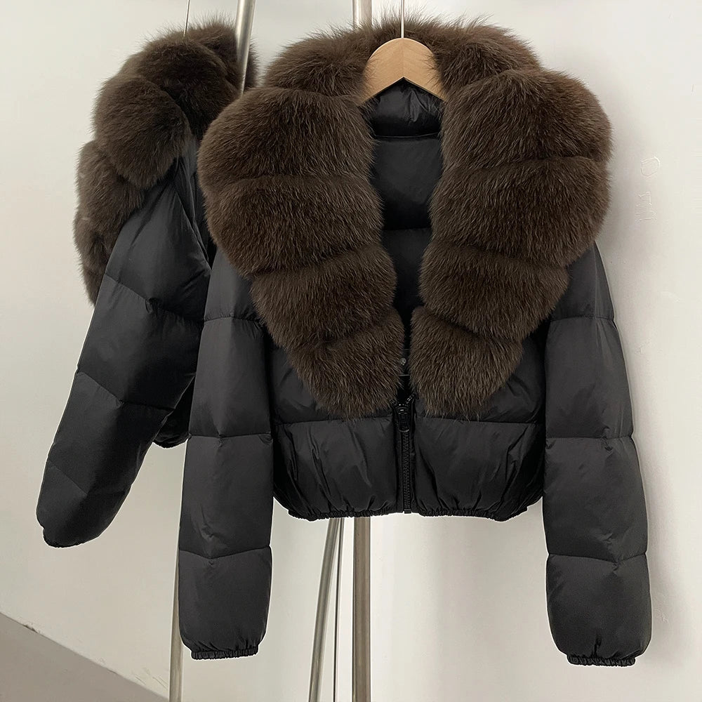 OFTBUY New Puffer Jacket Women with Large Natural Fox Fur Collar Short Fluffy Thick Parkas Female 90% White Duck Down Coat Lady