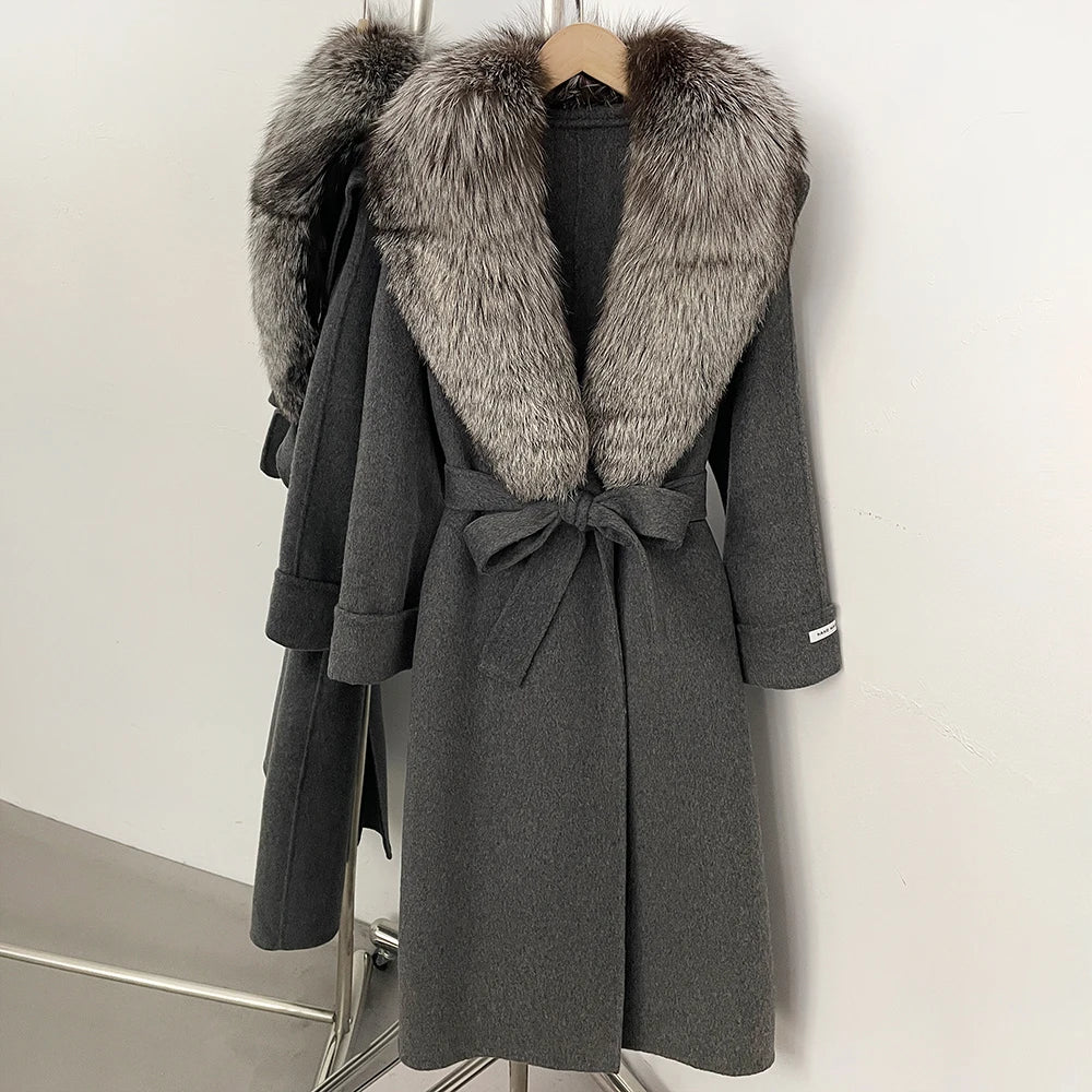 OFTBUY Belted Elegant Warm Outerwear Coat Female Women's Luxury Double-Faced Wool Jacket Winter Oversized Real Fox Fur Collar