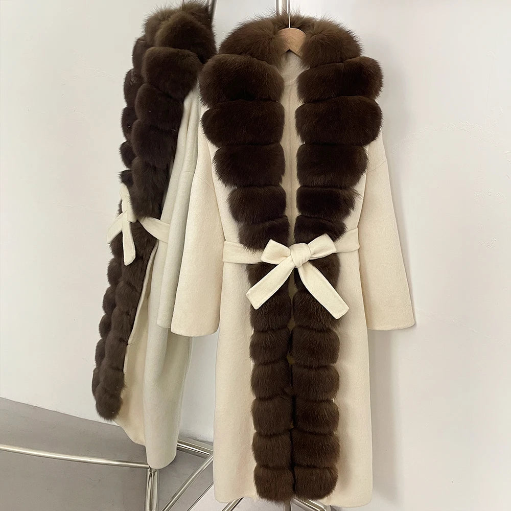 OFTBUY New Autumn Winter Clothes Women Belt Natural Fur Collar Woolen Jacket Long Big Fox Fur Pinnacle 100% Wool Coat Female