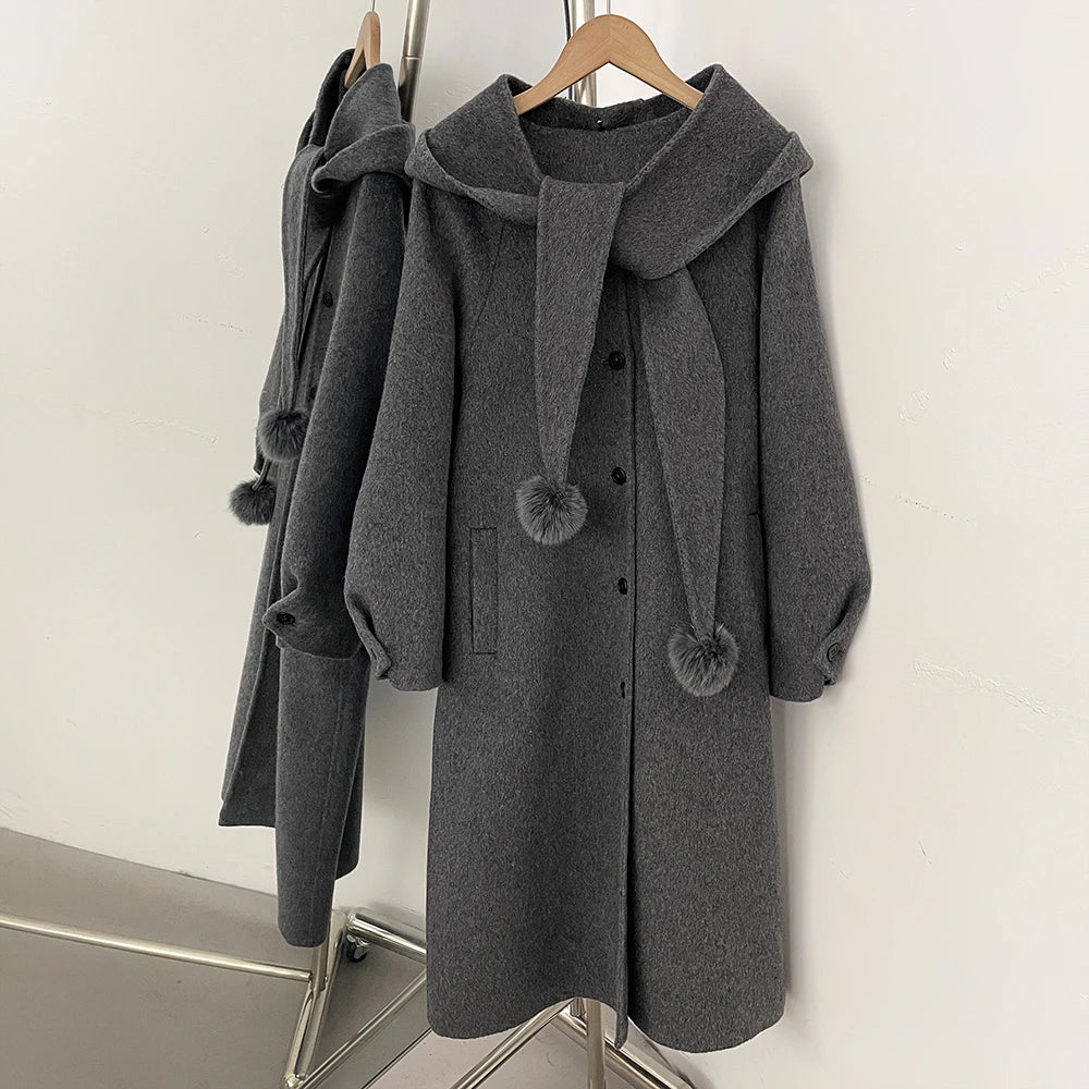 OFTBUY New Women's Hooded Wool Coat with Fur Pom Details Long Single Breasted Winter Warm Elegant Woolen Outerwear Female