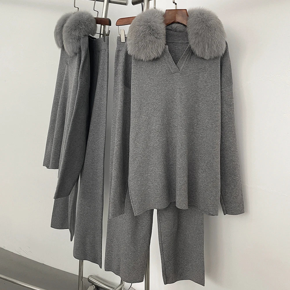 OFTBUY Knitted Pant Set Female Fashion Warm Real Fox Fur Sweater Lady New Autumn Winter Plus Size Woman Clothes Outfits Knitwear