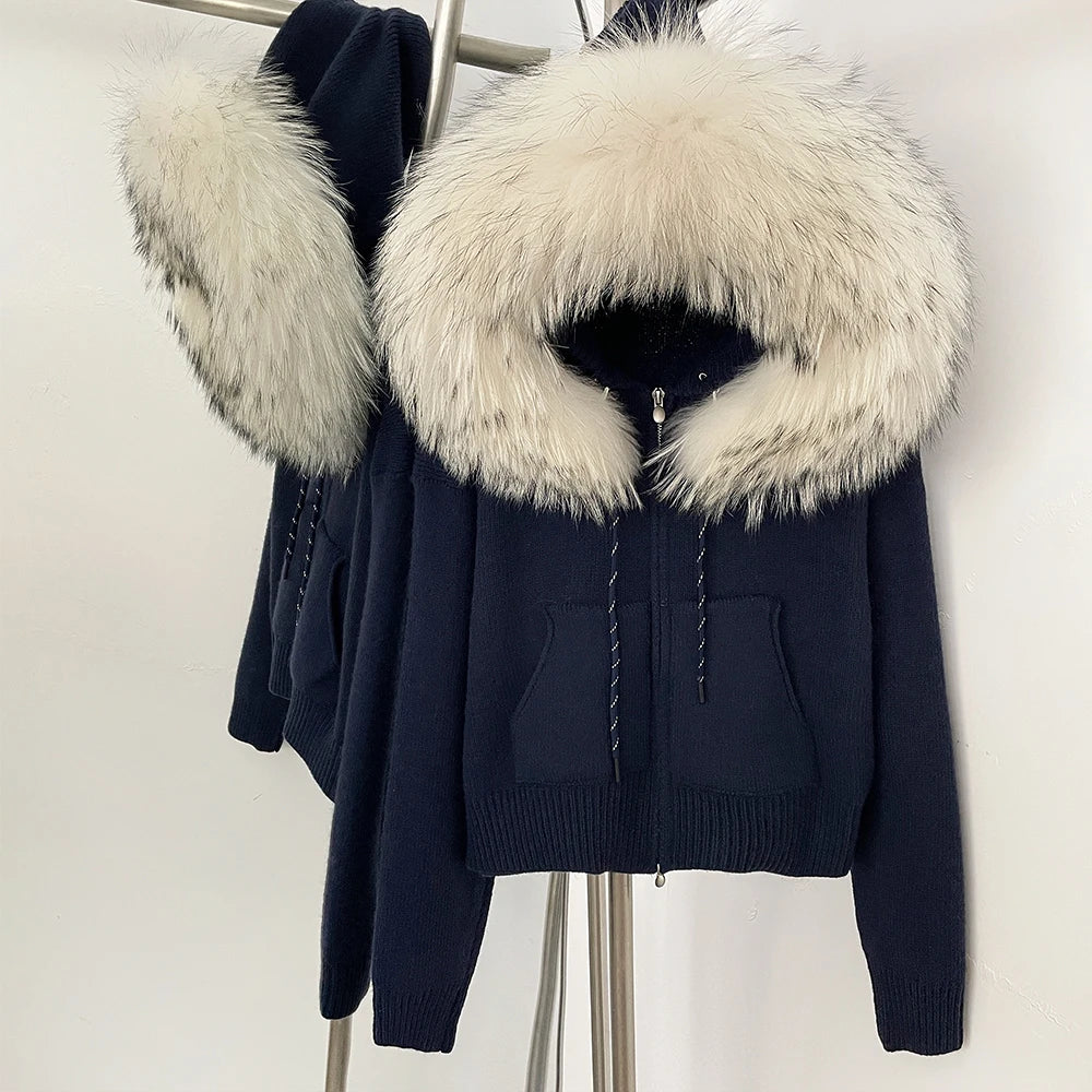 OFTBUY New Women's Beige Knit Hoodie with Large Real Fox Fur Trim Zipper Pockets Warm Winter Fashion Casual Outerwear Lady