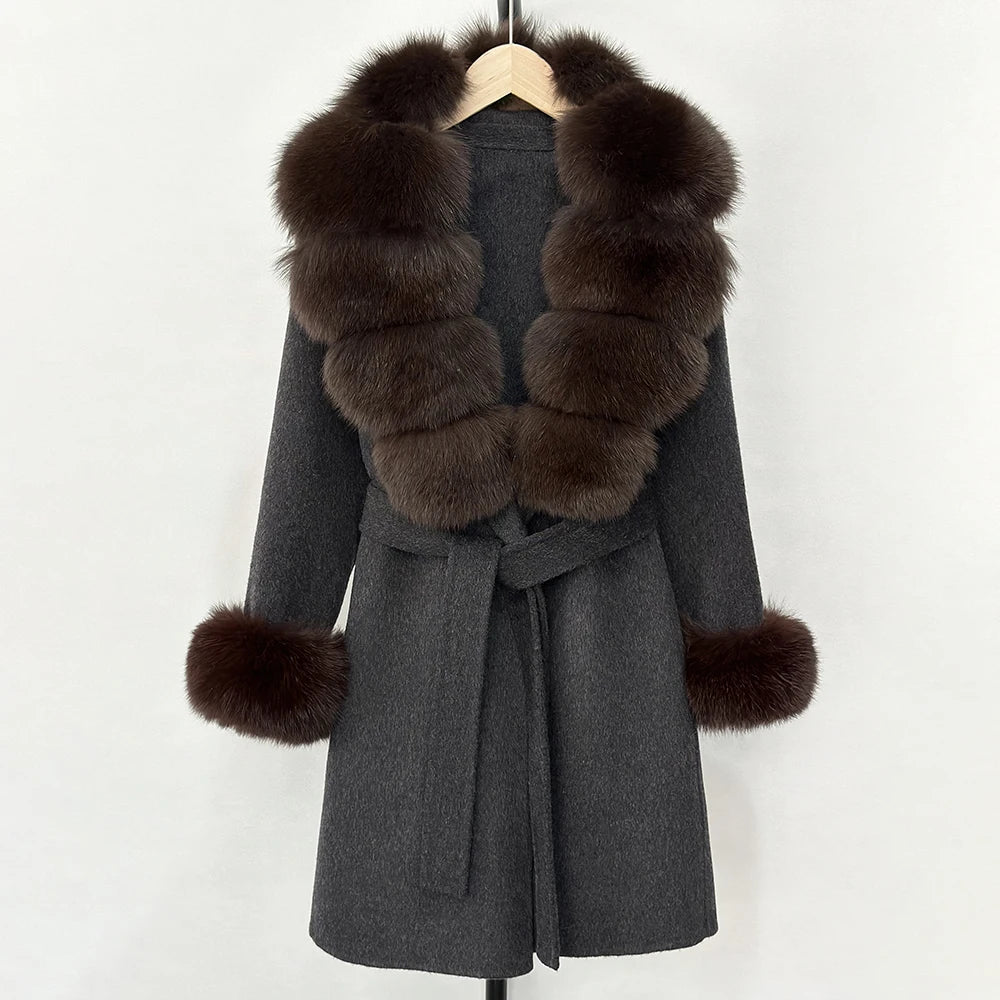 OFTBUY New Autumn Winter Top Clothes Women Belt Natural Fur Wool Coat Female Fashion Warm Woolen Jacket with Real Fox Fur Collar