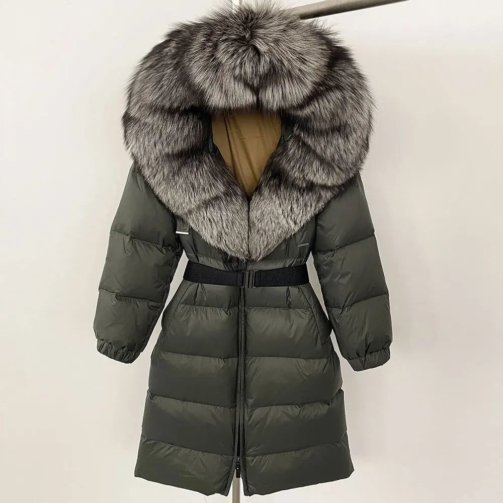 OFTBUY New Natural Thick Warm Duck Down Coat Female Long Winter Jacket Women Real Big Fox Fur Collar Belt Loose Puffer Parka