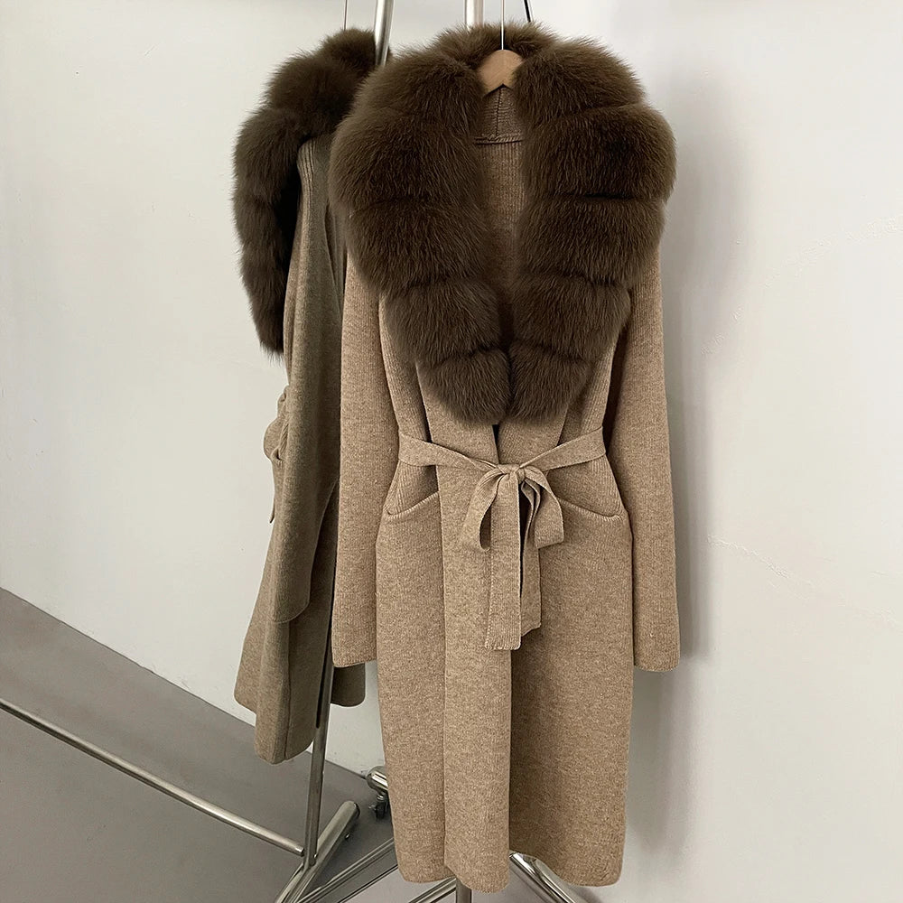 OFTBUY Women's Luxury Brown Knit Cardigan with Real Fox Fur Collar Belted Sweater Coat Female New Fashion Warm Winter Outerwear