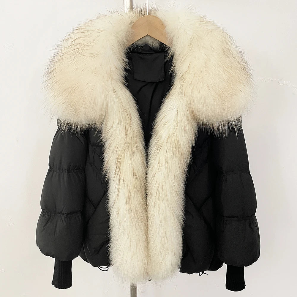 OFTBUY New Winter Large Real Raccoon Fur Puffer Coat Women Knit Sleeve White Duck Down Jacket Female Oversize Feather Down Parka