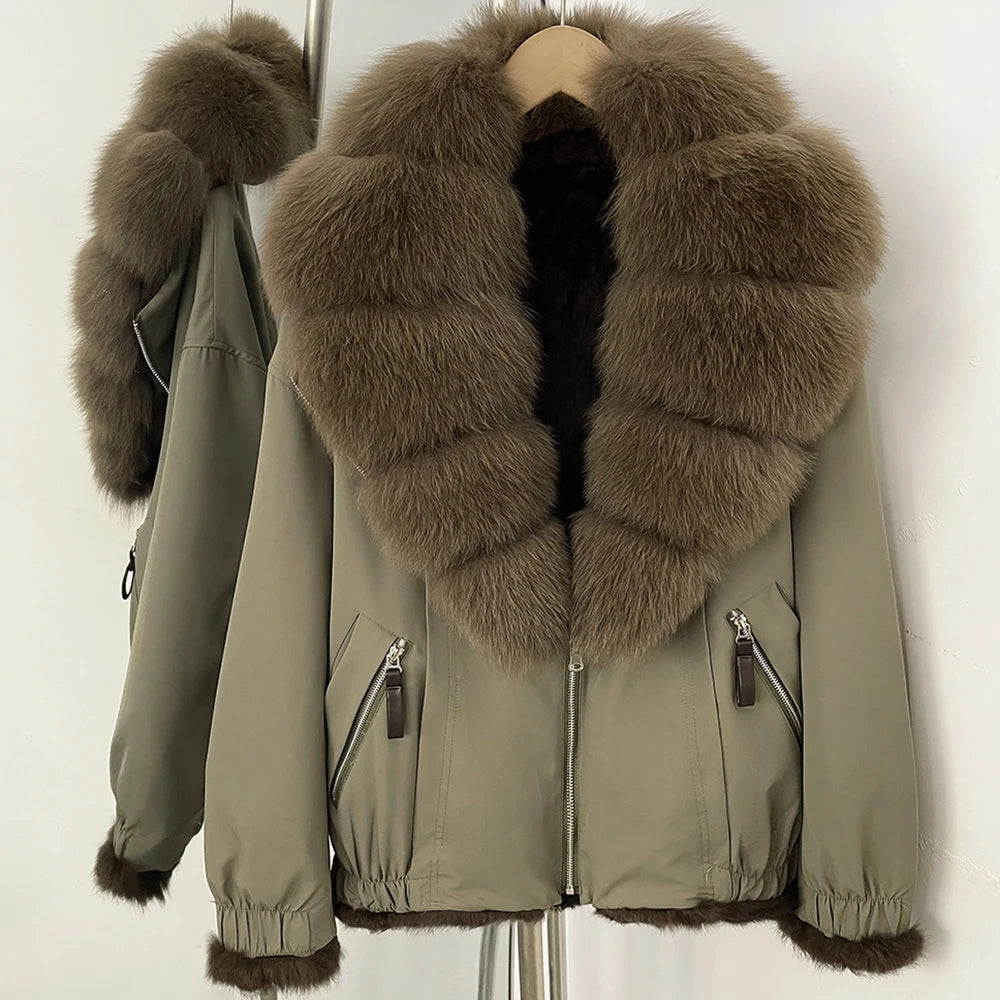 OFTBUY Luxury Real Fox Fur Collar Parka - Premium Real Rabbit Fur Lined Bomber Jacket for Extreme Cold