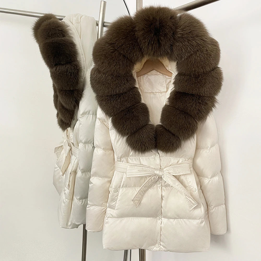 OFTBUY New Women's Duck Down Jacket with Large Real Fox Fur Hood Belted Waist Warm Winter Puffer Coat Lady Luxury Outerwear