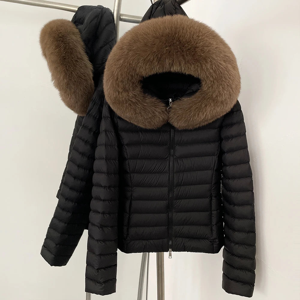 OFTBUY Hooded Slim Real Fox Fur Collar Fluffy Puffer Jacket Women New Winter Short Top Clothing Female Fur White Duck Down Coat