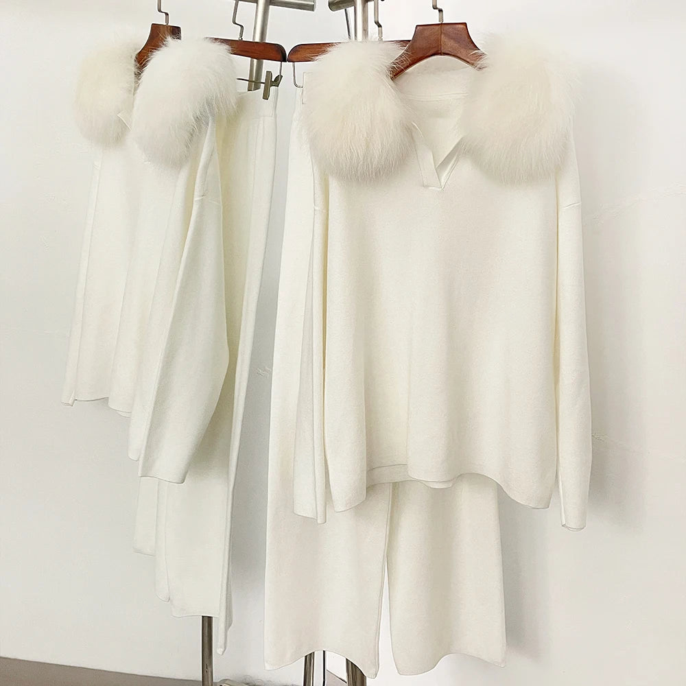 OFTBUY Knitted Pant Set Female Fashion Warm Real Fox Fur Sweater Lady New Autumn Winter Plus Size Woman Clothes Outfits Knitwear