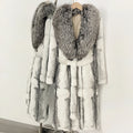 OFTBUY Gradient Print Real Rabbit Fur Long Coat - Oversized Natural Silver Fox Fur Collar Belted Waist Luxury Winter Trench Coat