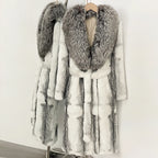 OFTBUY Gradient Print Real Rabbit Fur Long Coat - Oversized Natural Silver Fox Fur Collar Belted Waist Luxury Winter Trench Coat