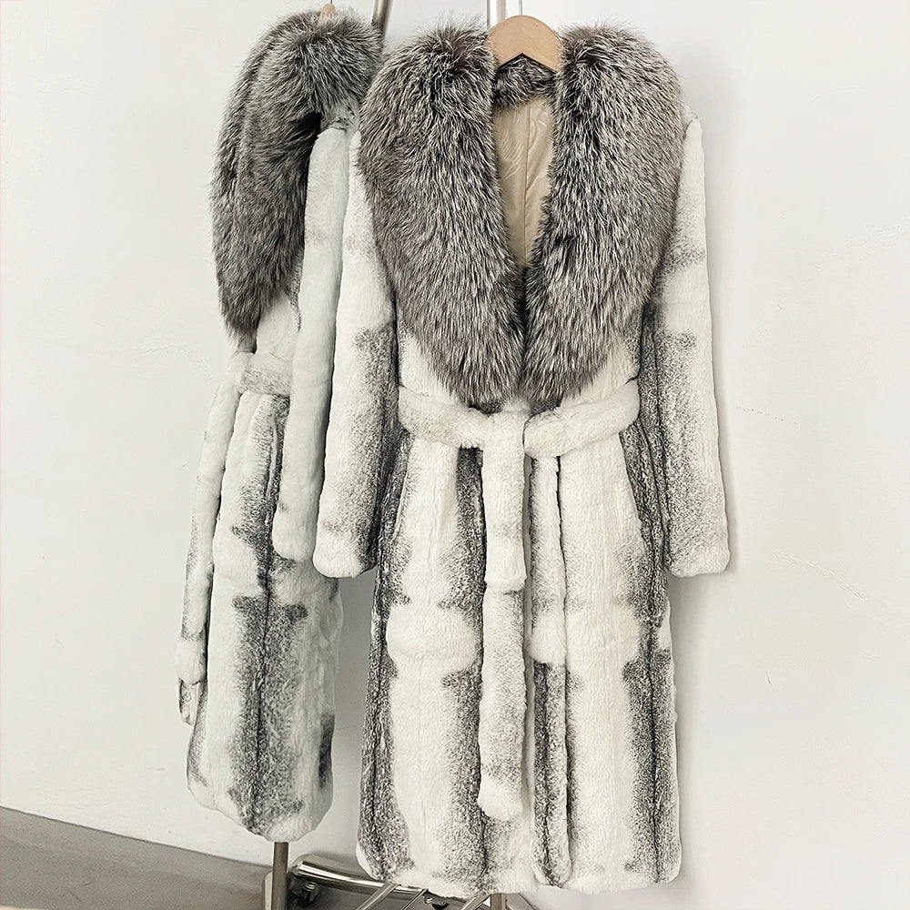 OFTBUY Gradient Print Real Rabbit Fur Long Coat - Oversized Natural Silver Fox Fur Collar Belted Waist Luxury Winter Trench Coat