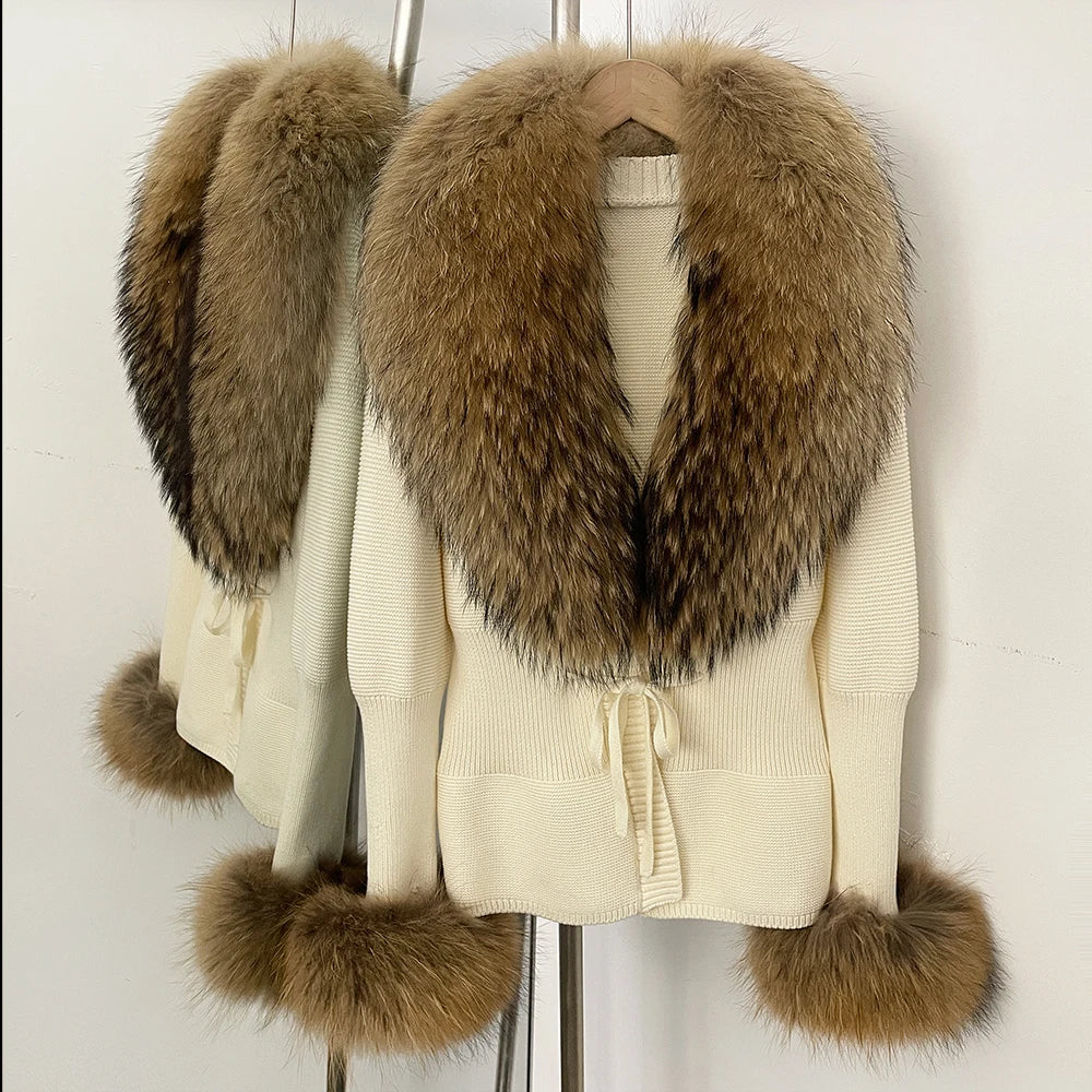 OFTBUY New Autumn Winter Knit Cardigan Women Fashion Warm Clothes with Real Fox Fur Luxury Natural Fur Sweater Jacket Female