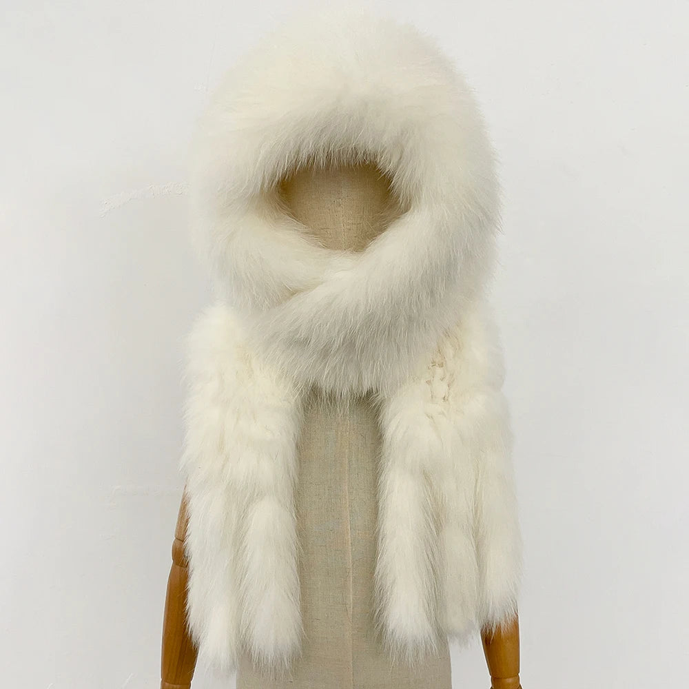 OFTBUY Hot Sales Fashion Fluffy White Natural Fox Fur Hat with Scarf Women Winter Female Thickened Warm Long Real Fur Cap Child
