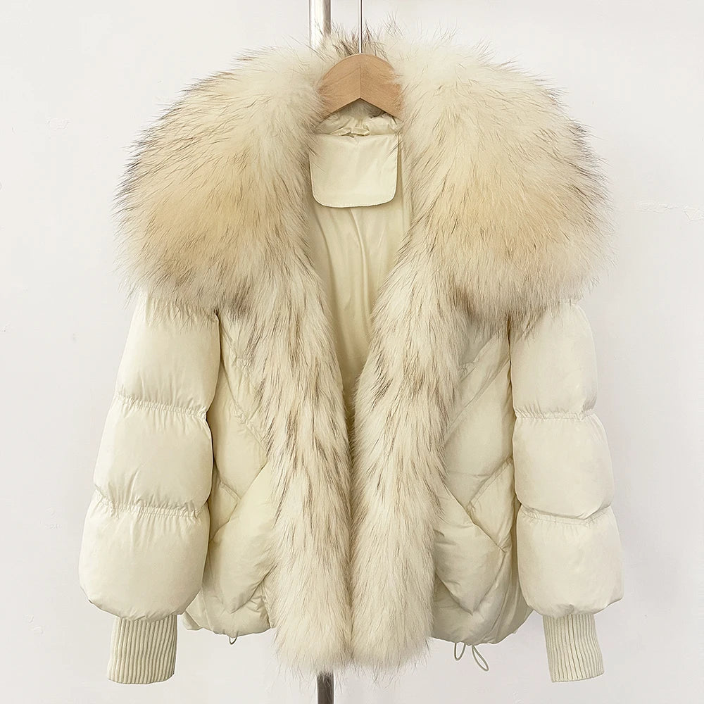 OFTBUY New Winter Large Real Raccoon Fur Puffer Coat Women Knit Sleeve White Duck Down Jacket Female Oversize Feather Down Parka