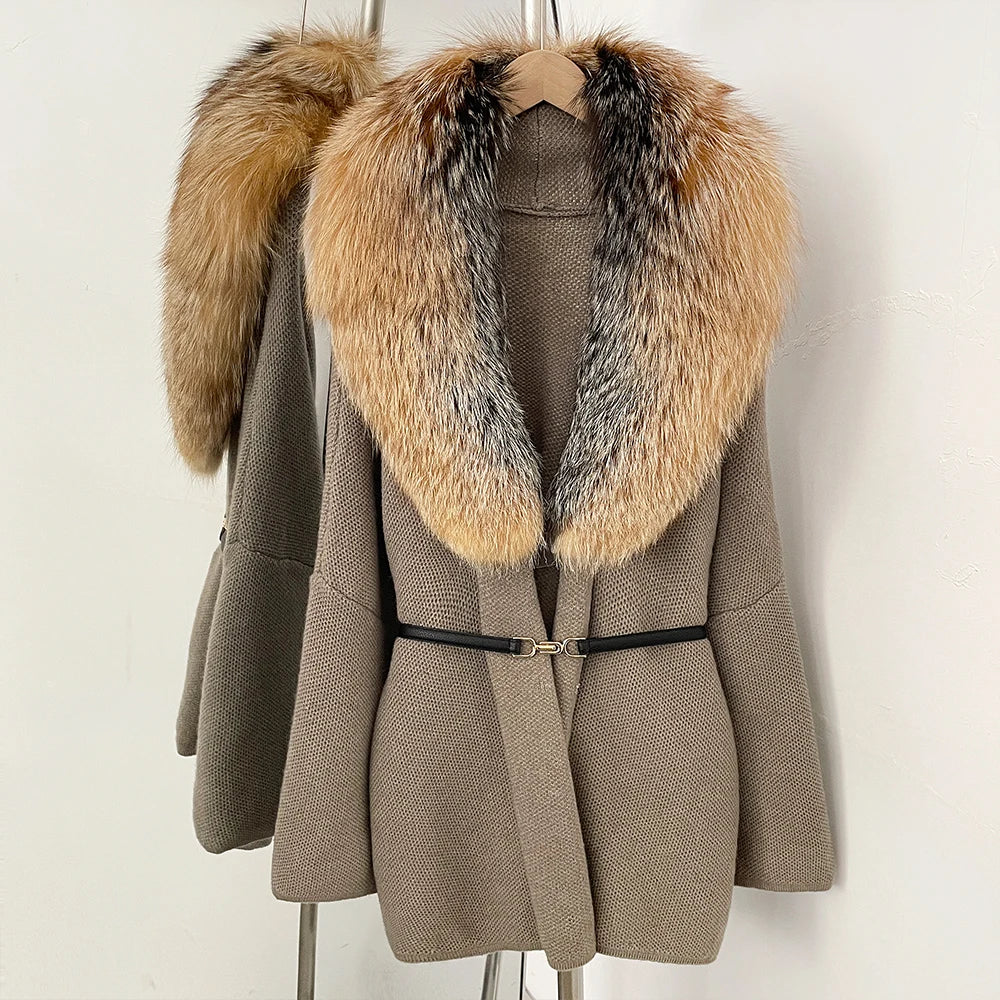 OFTBUY New Autumn Winter Luxury Fashion Outerwear Lady Women's Knit Coat with Large Real Fox Fur Collar Belt Textured Knit Warm
