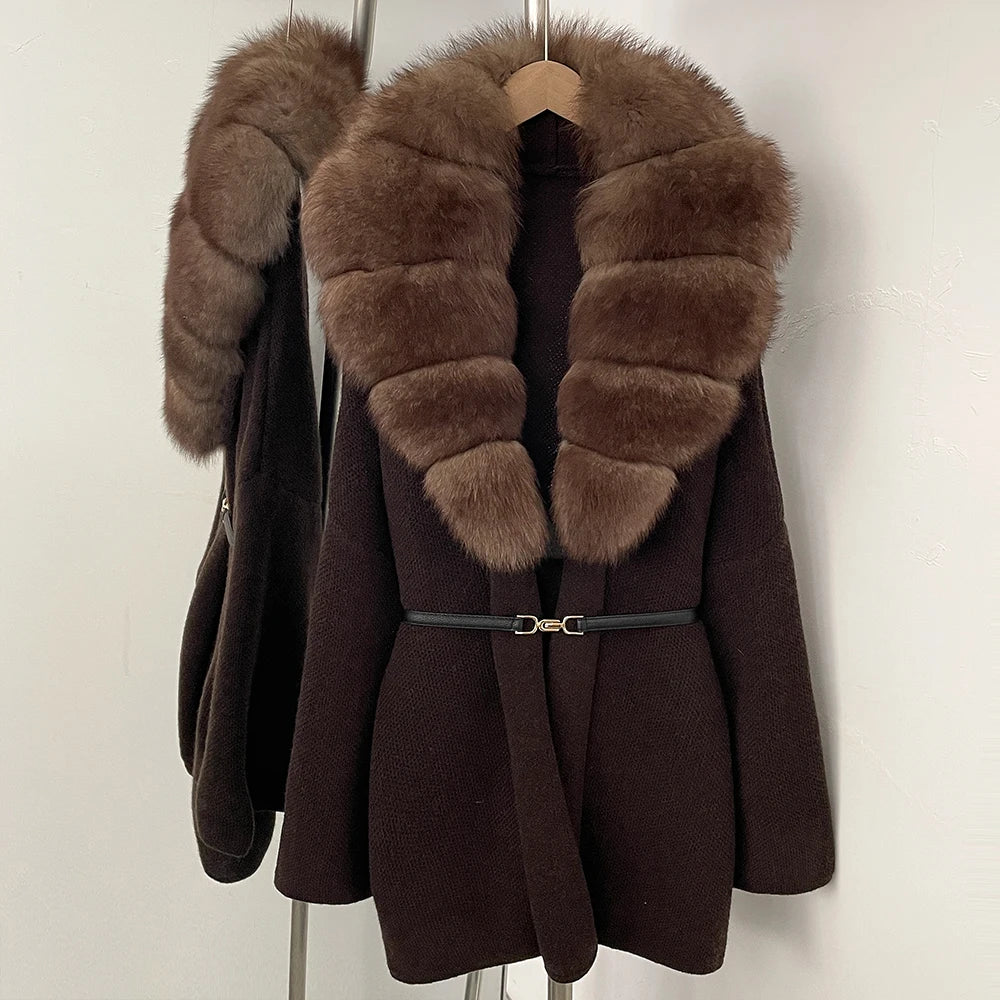 OFTBUY New Autumn Winter Luxury Fashion Outerwear Lady Women's Knit Coat with Large Real Fox Fur Collar Belt Textured Knit Warm
