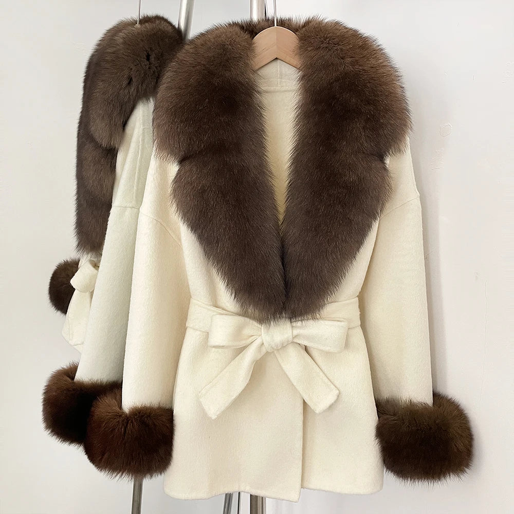 OFTBUY New Women's Double-Faced Wool Coat with Large Real Fox Fur Collar Cuffs Belted Warm Winter Elegant Fashion Outerwear Lady