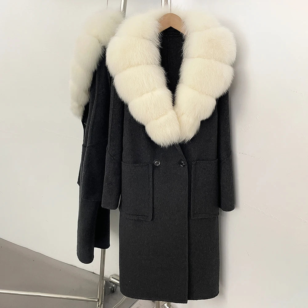 OFTBUY Double Breasted Pockets Long Luxury Warm Winter Outerwear New Women's Double-Faced Wool Coat with Real Fox Fur Collar