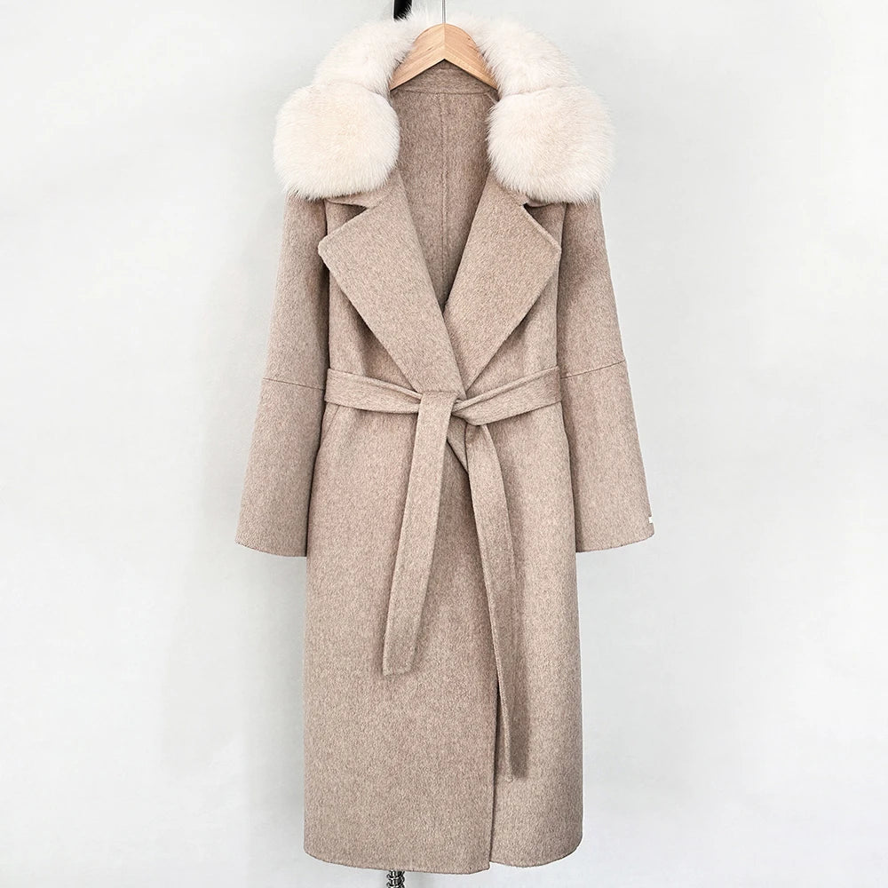 OFTBUY Belted Long Warm Winter Elegant Fashion Outerwear New Women's Double-Faced Wool Coat with Real Fox Fur Collar