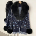 OFTBUY Women's Paisley Knit Cardigan with Real Fox Fur Trim Belted Sweater Coat Female New Luxury Clothes Winter Outerwear Lady