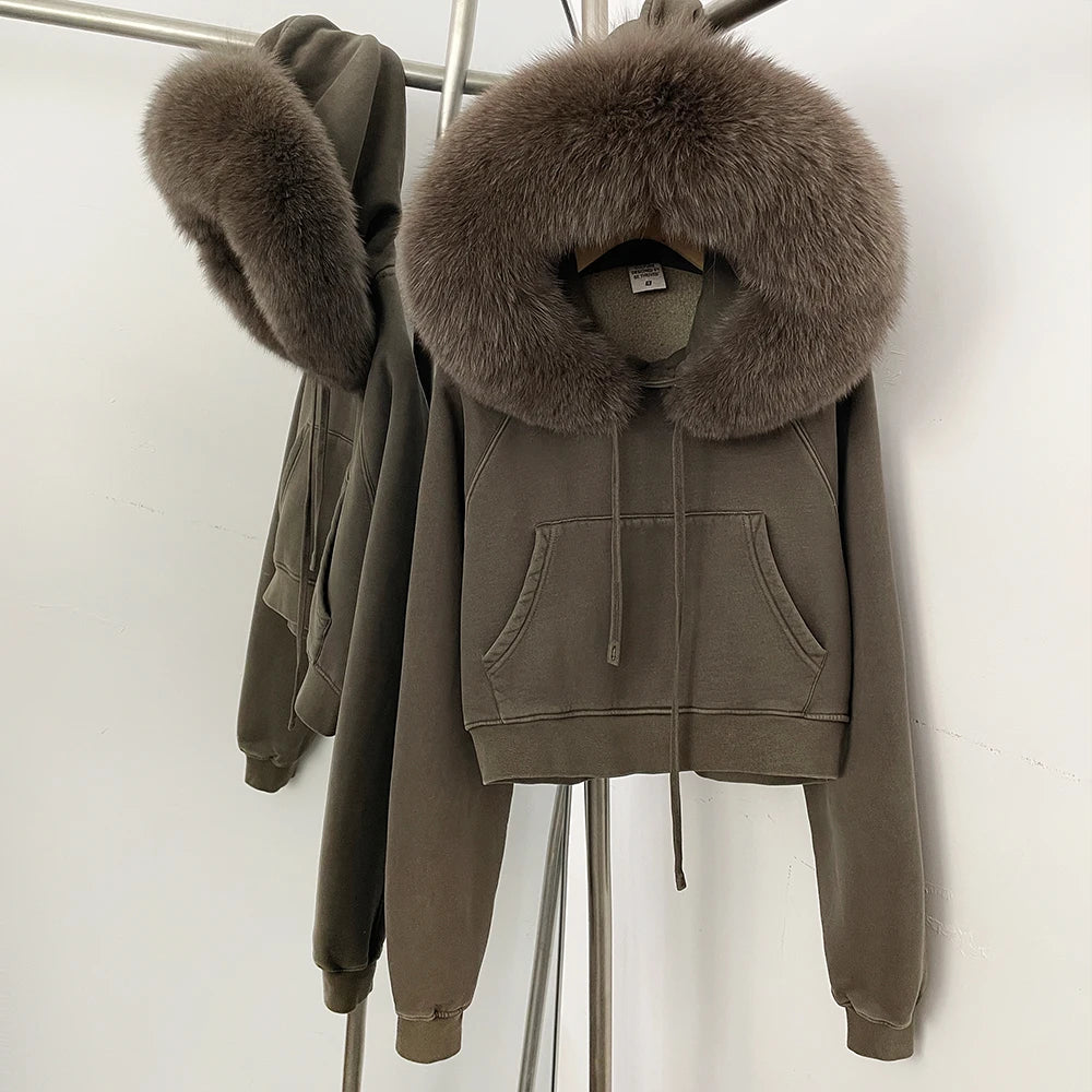 OFTBUY Casual Y2K Hoodie Real Fox Fur Collar Thickened Streetwear Hiphop Hoodie Sweatshirt Vintage Rock Goth Loose Punk Jacket