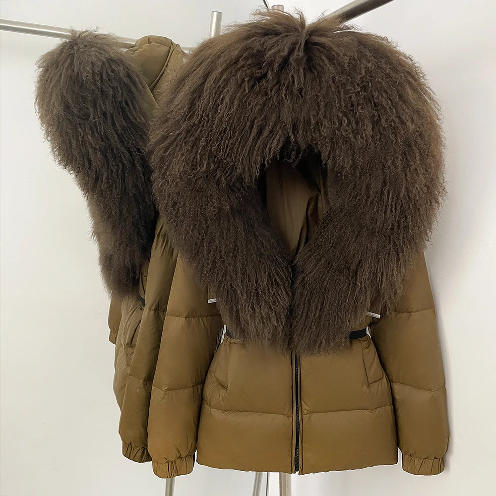 OFTBUY New Belted Luxury Warm Winter Women's Puffer Jacket with Real Mongolia Sheep Fur Collar Outerwear Duck Dowm Coat Female