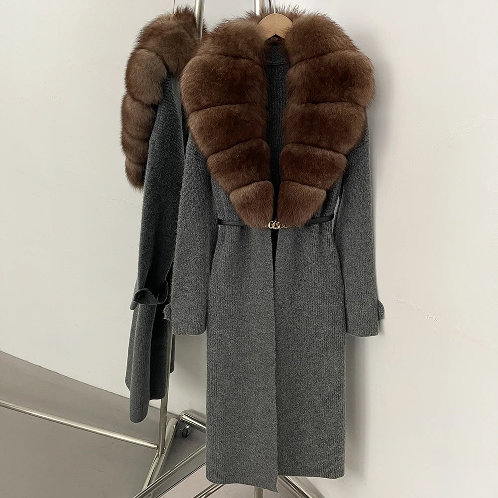 OFTBUY Warm Winter Elegant Fashion knit Outerwear female New Women's Knit Long Coat with Large Real Fox Fur Collar Belted Waist