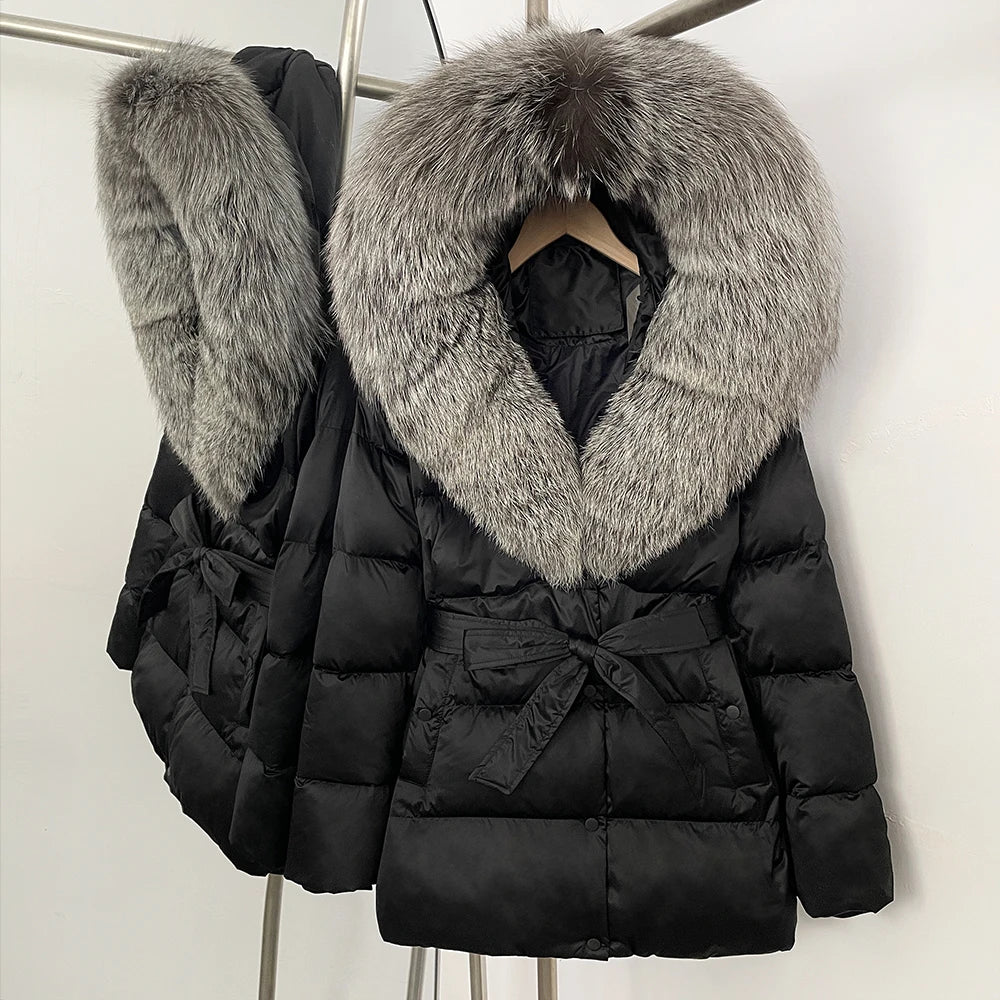 OFTBUY New Women's Duck Down Jacket with Large Real Fox Fur Hood Belted Waist Warm Winter Puffer Coat Lady Luxury Outerwear