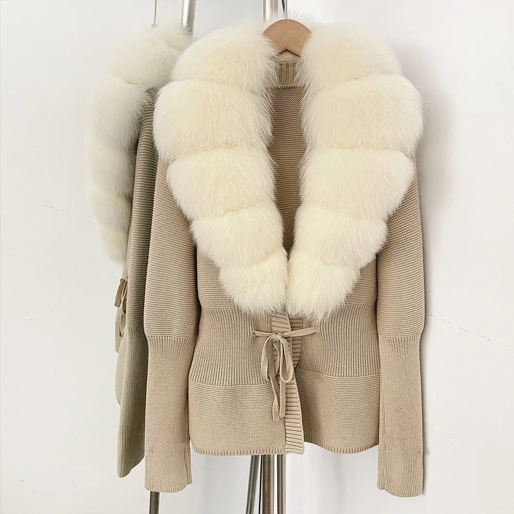 OFTBUY Luxury 100% Cotton Jacket with Real Fox Fur Collar New Autumn Winter Knit Cardigan Women Slim Warm Sweater Outerwear Lady