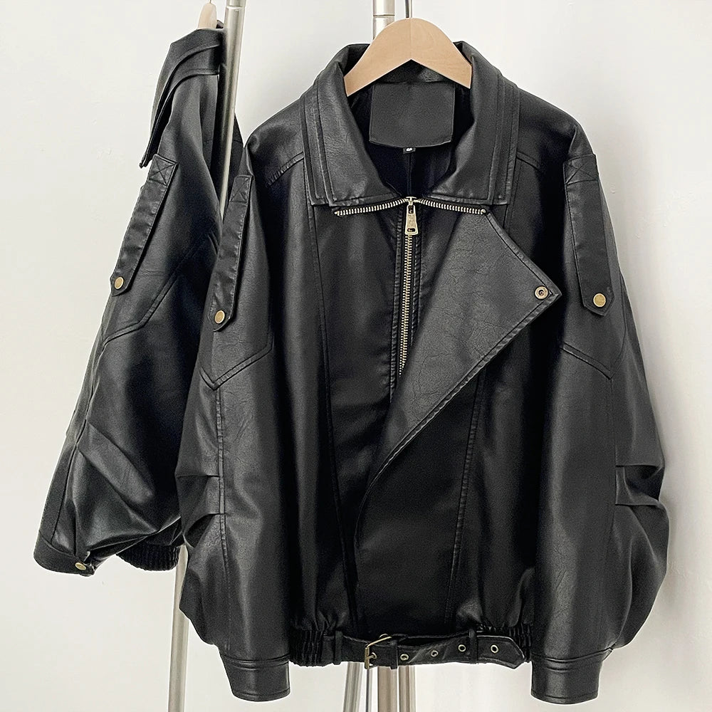 OFTBUY Wholesale Faux Leather Jacket Women Fashion Black Fake Leather Locomotive Coat Female New Spring Autumn Clothes Lady Overcoat