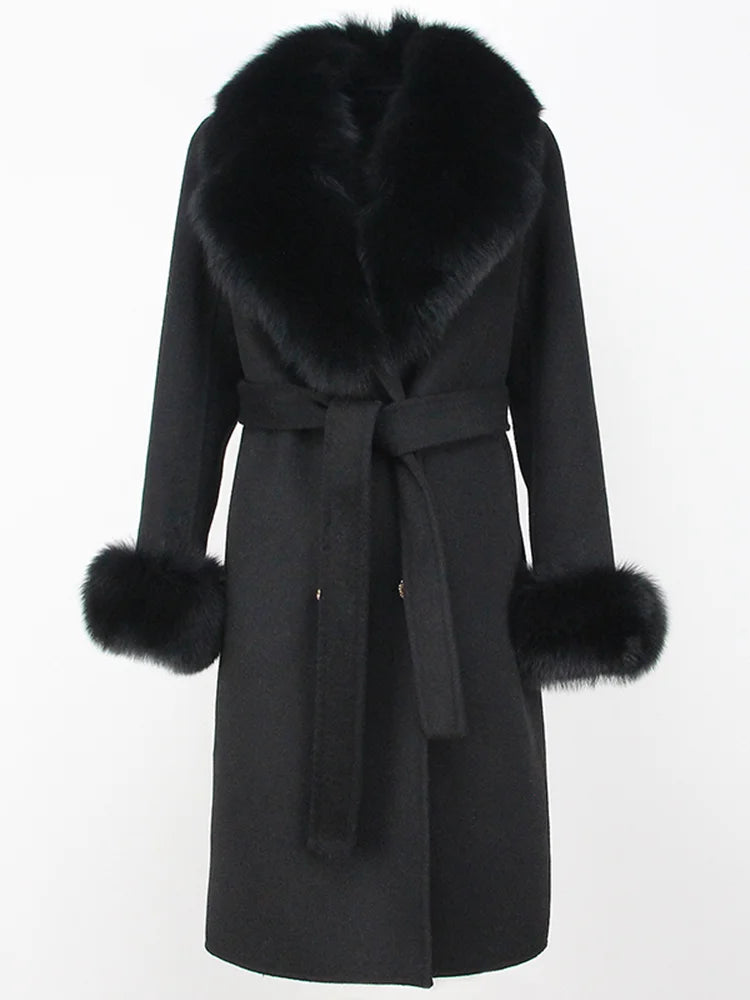 OFTBUY Winter Jacket Women Long Natural Wool Blends Cashmere Real Fur Coat Double Breasted Belt Warm Streetwear New Fashion