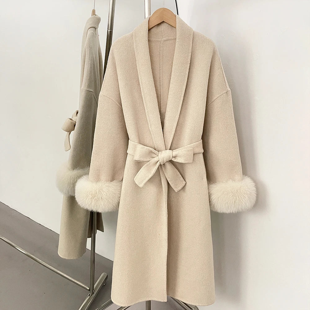 OFTBUY New Women's Double-Faced Wool Coat with Real Fox Fur Cuffs Belted Warm Winter Elegant Fashion Outerwear Wool Jacket Lady
