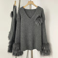 OFTBUY New Women's Knit Sweater with Real Fox Fur Accents V-Neck Loose Fit Warm Winter Fashion Warm Pullover Outerwear Jacket
