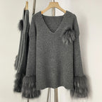 OFTBUY New Women's Knit Sweater with Real Fox Fur Accents V-Neck Loose Fit Warm Winter Fashion Warm Pullover Outerwear Jacket