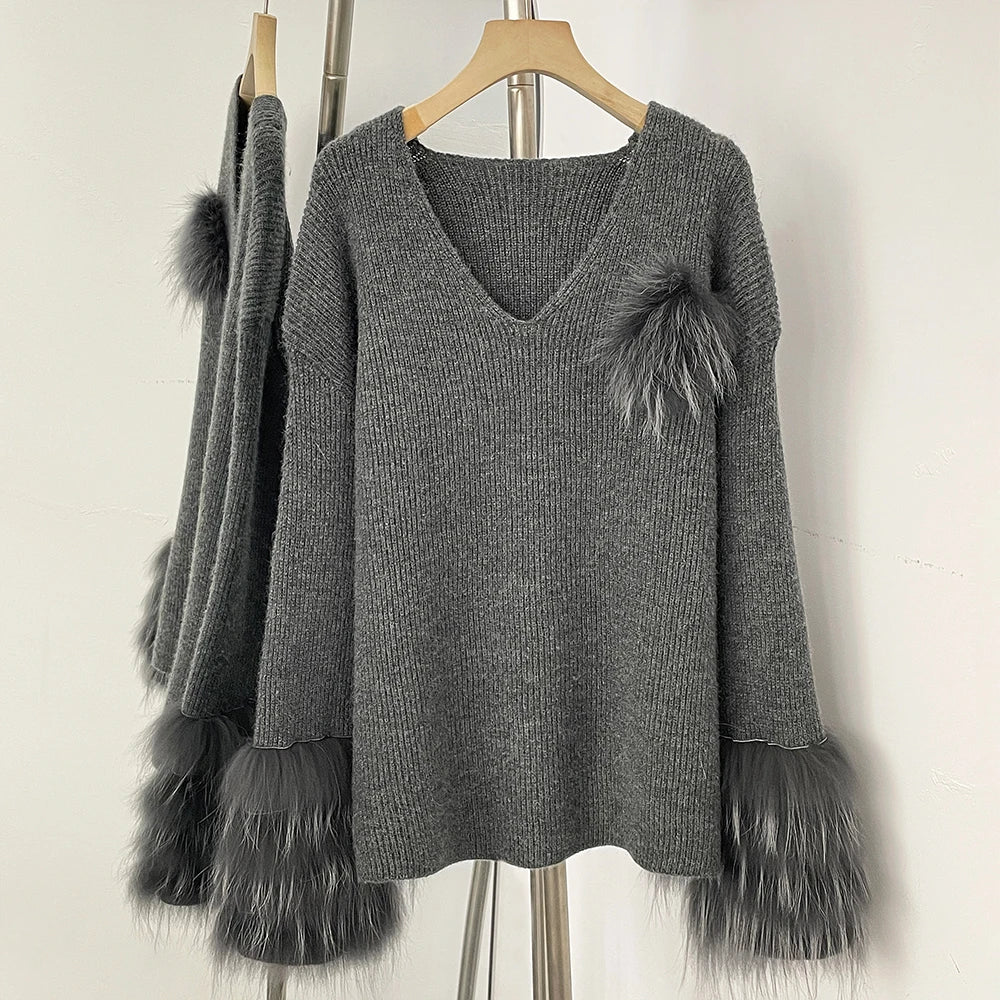 OFTBUY New Women's Knit Sweater with Real Fox Fur Accents V-Neck Loose Fit Warm Winter Fashion Warm Pullover Outerwear Jacket