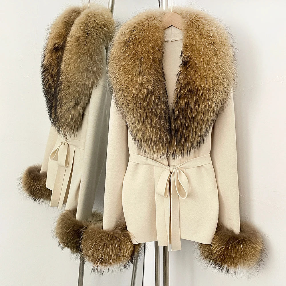 OFTBUY New Women's Knit Cardigan with Real Fox Fur Collar and Cuff Belt Luxury Coat Warm Autumn Fashion Outerwear Sweater Female