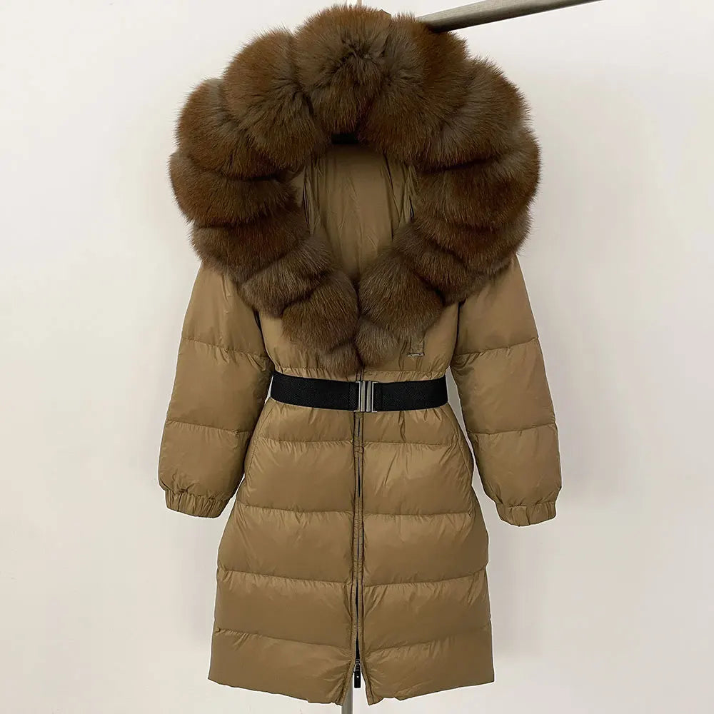 OFTBUY New Natural Thick Warm Duck Down Coat Female Long Winter Jacket Women Real Big Fox Fur Collar Belt Loose Puffer Parka